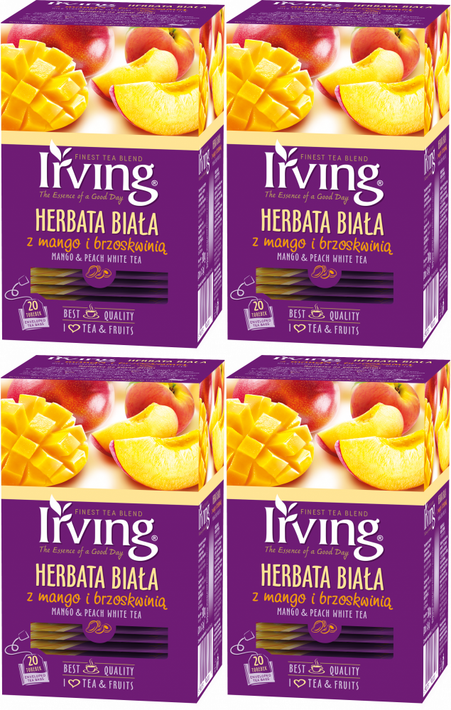 4x Herbata biała smakowa w kopertach Irving, mango z brzoskwinią, 20 sztuk x 1.5g