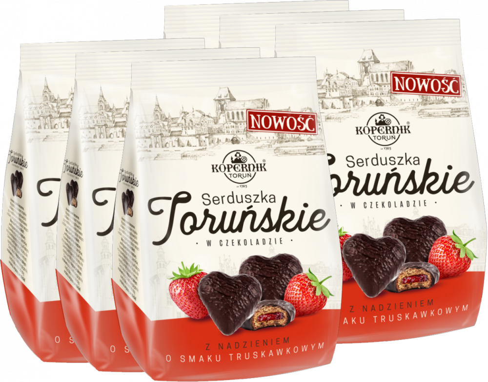6x Pierniki Kopernik Serduszka Toruńskie, truskawkowy, w czekoladzie, 150g