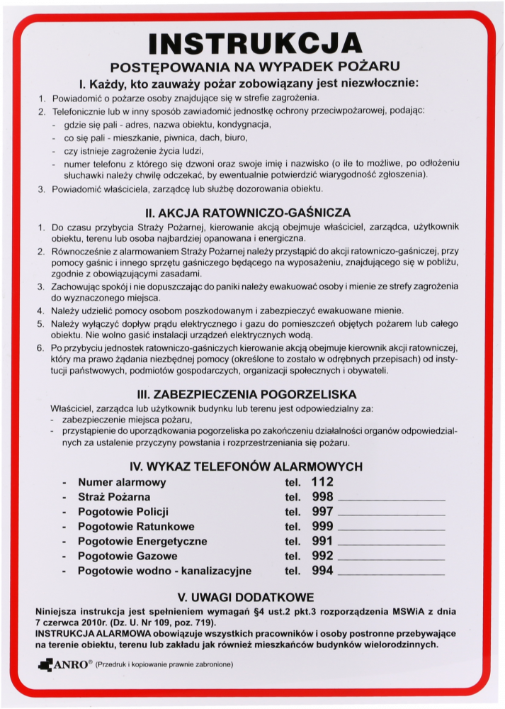 Tabliczka informacyjna Anro, "Instrukcja postępowania na wypadek pożaru"