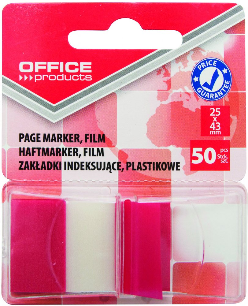 Zakładki samoprzylepne Office Products, indeksujące, folia PP, 25x43mm, 1x50 sztuk, czerwony