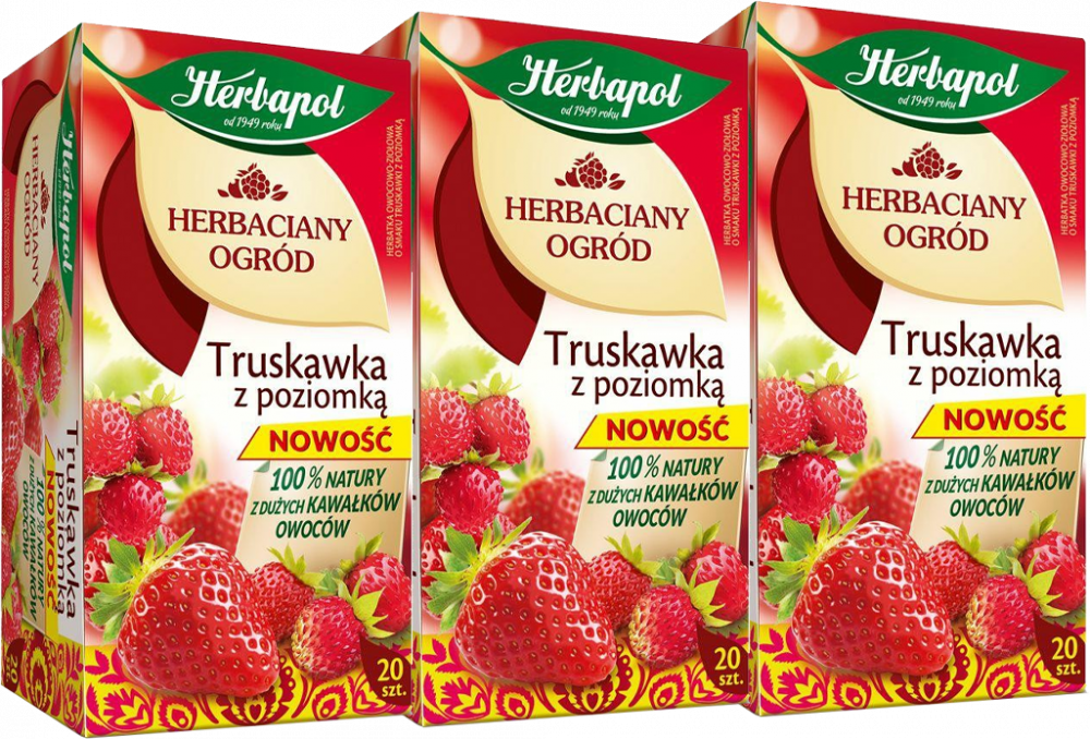 3x Herbata owocowa w torebkach Herbapol Herbaciany Ogród, truskawka z poziomką, 20 sztuk x 2.5g