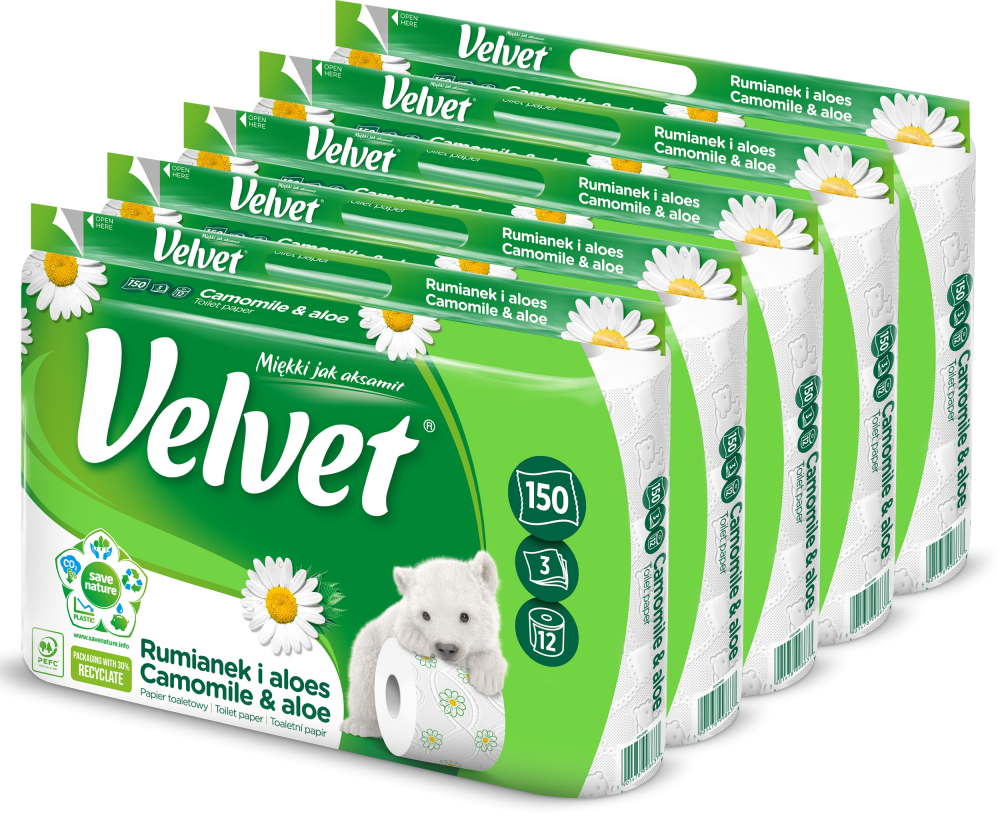 5x Papier toaletowy Velvet Rumianek i Aloes, 3-warstwowy, 12 rolek, biały
