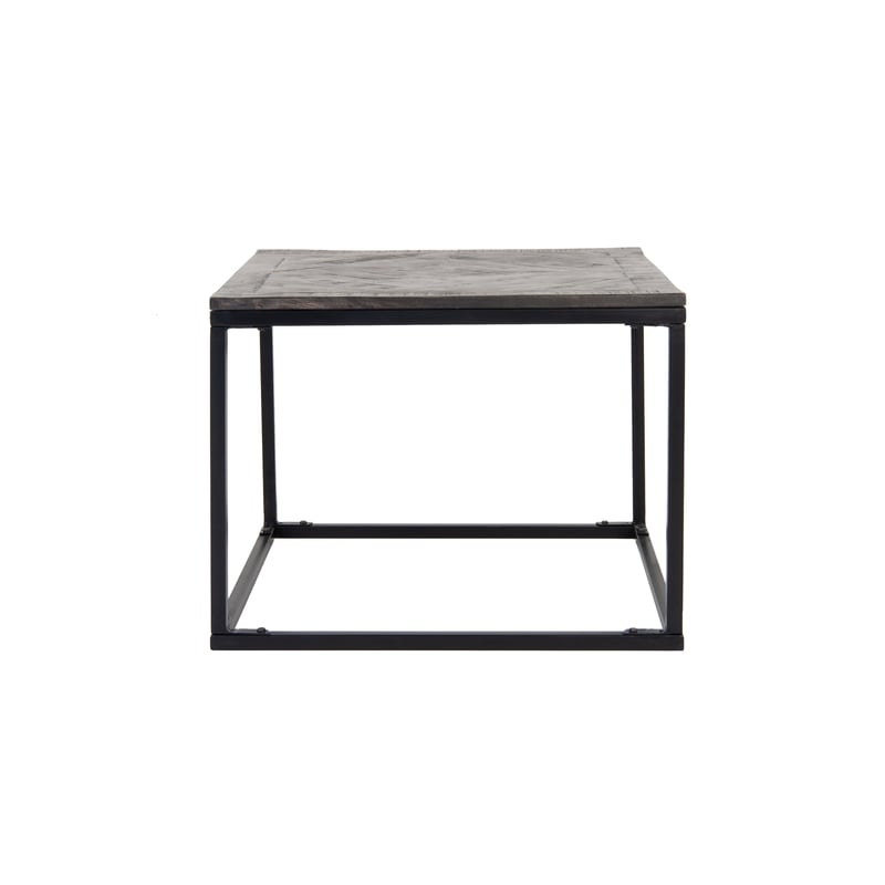 WOMO-DESIGN Design Stolik 60x60cm Kwadrat Szary Naturalne Lite Drewno Mango Wood Wzór Jodelki Metalowa Rama Czarny Recznie Robiony Stolik Do Salonu