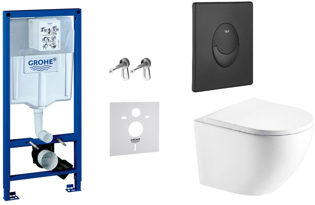 Zestaw Grohe Rapid SL stelaż podtynkowy 3w1 z przyciskiem Start czarnym i miską Hagser Beno z deską (38539001, 38964KF0, HGR20000042)