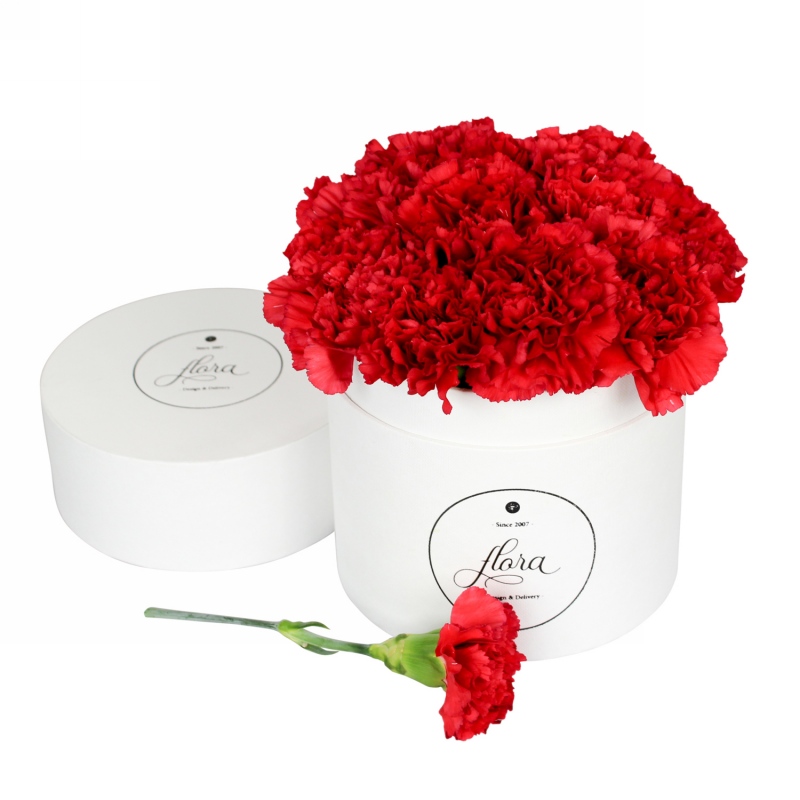 FlowerBox - czerwone goździki w białym pudełku (średni)