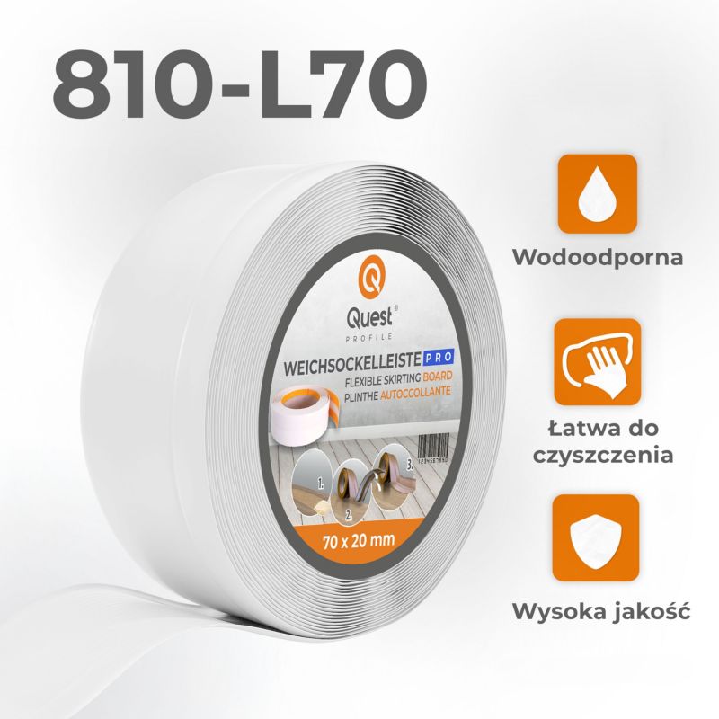 Listwa przypodłogowa PCV 70x20mm, QUEST, elastyczna, miękka listwa podłogowa, cokołowa, biały, 10m