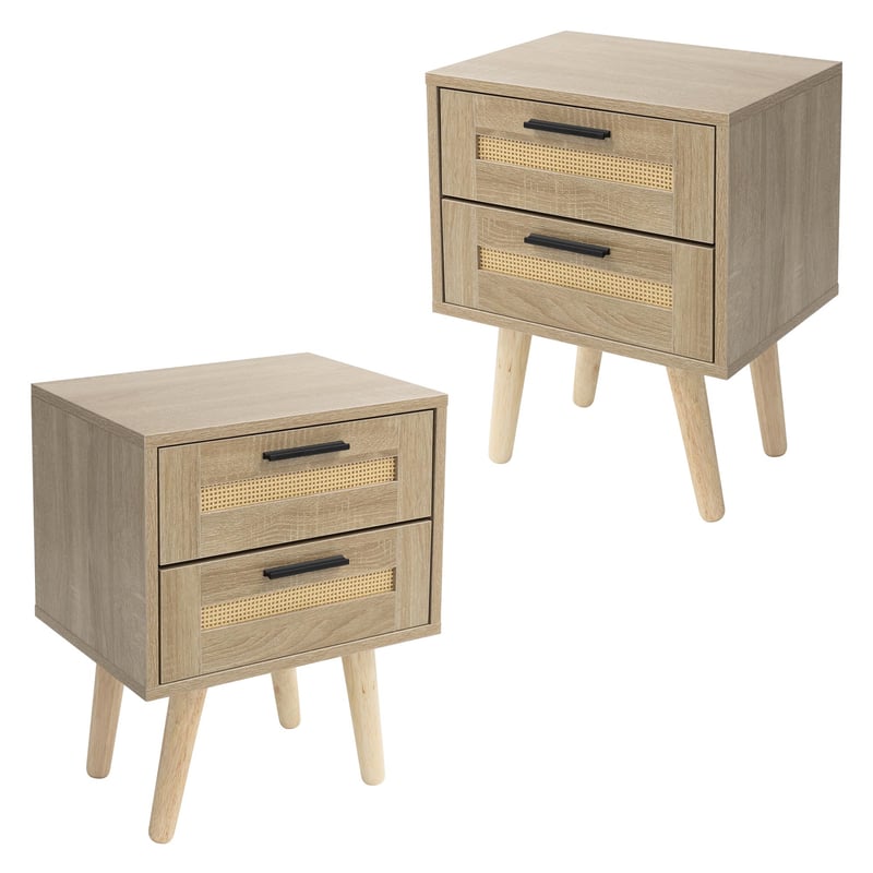 2x stolik nocny z szufladami stolik nocny rattan szafka nocna dab 40x30x50,5cm