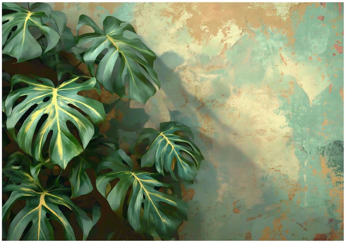 Fototapeta Liście Monstera Beton Zielony 400x280 cm Tapeta Do Sypialni Salonu Kuchni Na Flizelinie