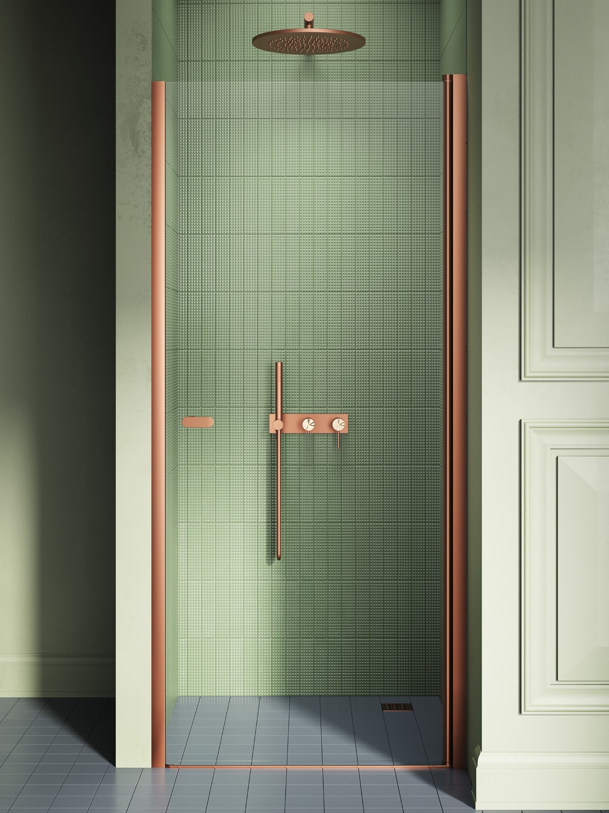 New Trendy New Soleo Copper Brushed drzwi prysznicowe 70 cm uchylne miedź szczotkowana/szkło przezroczyste D-0489A