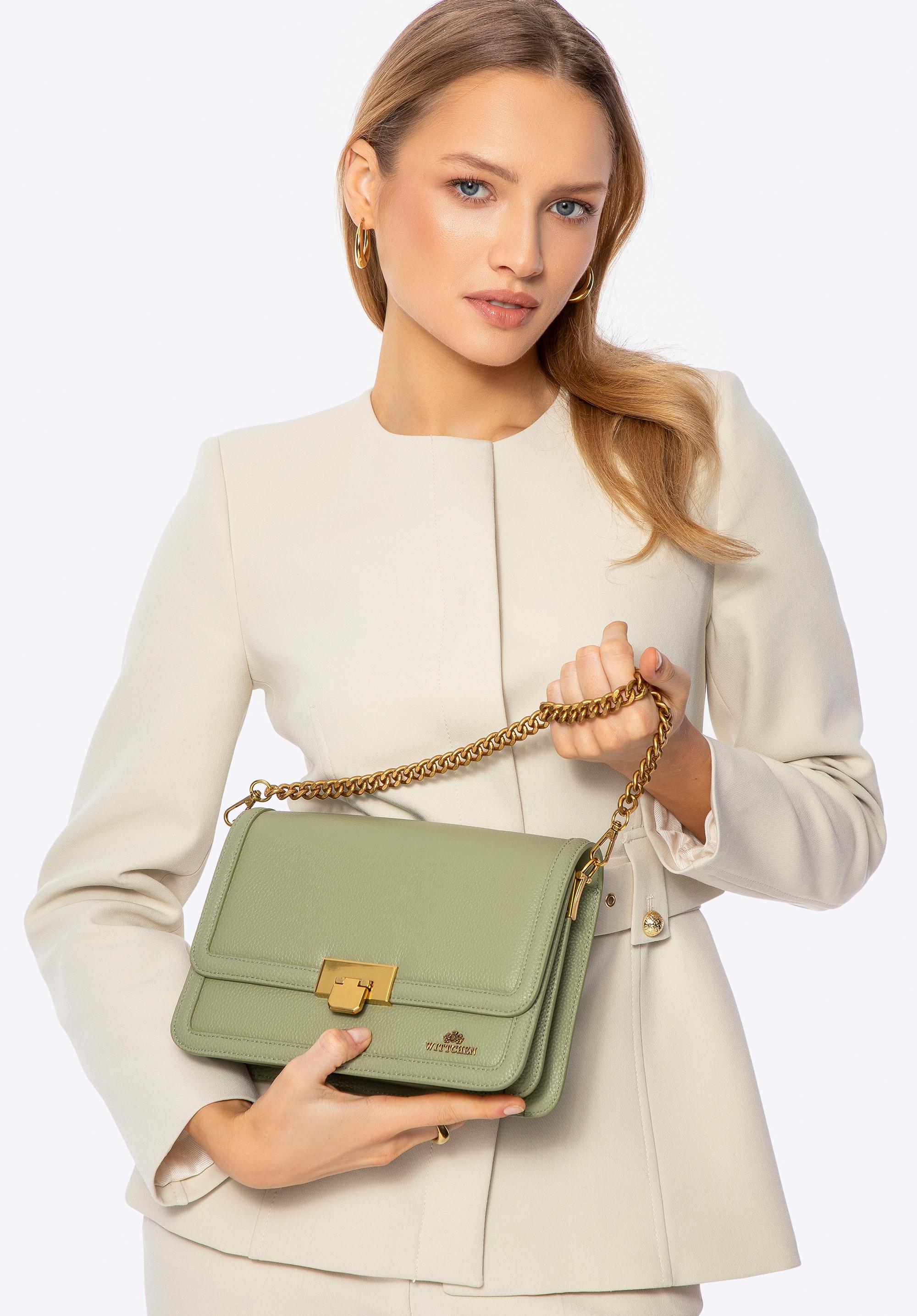 Skórzana torebka crossbody z łańcuszkiem pistacjowa