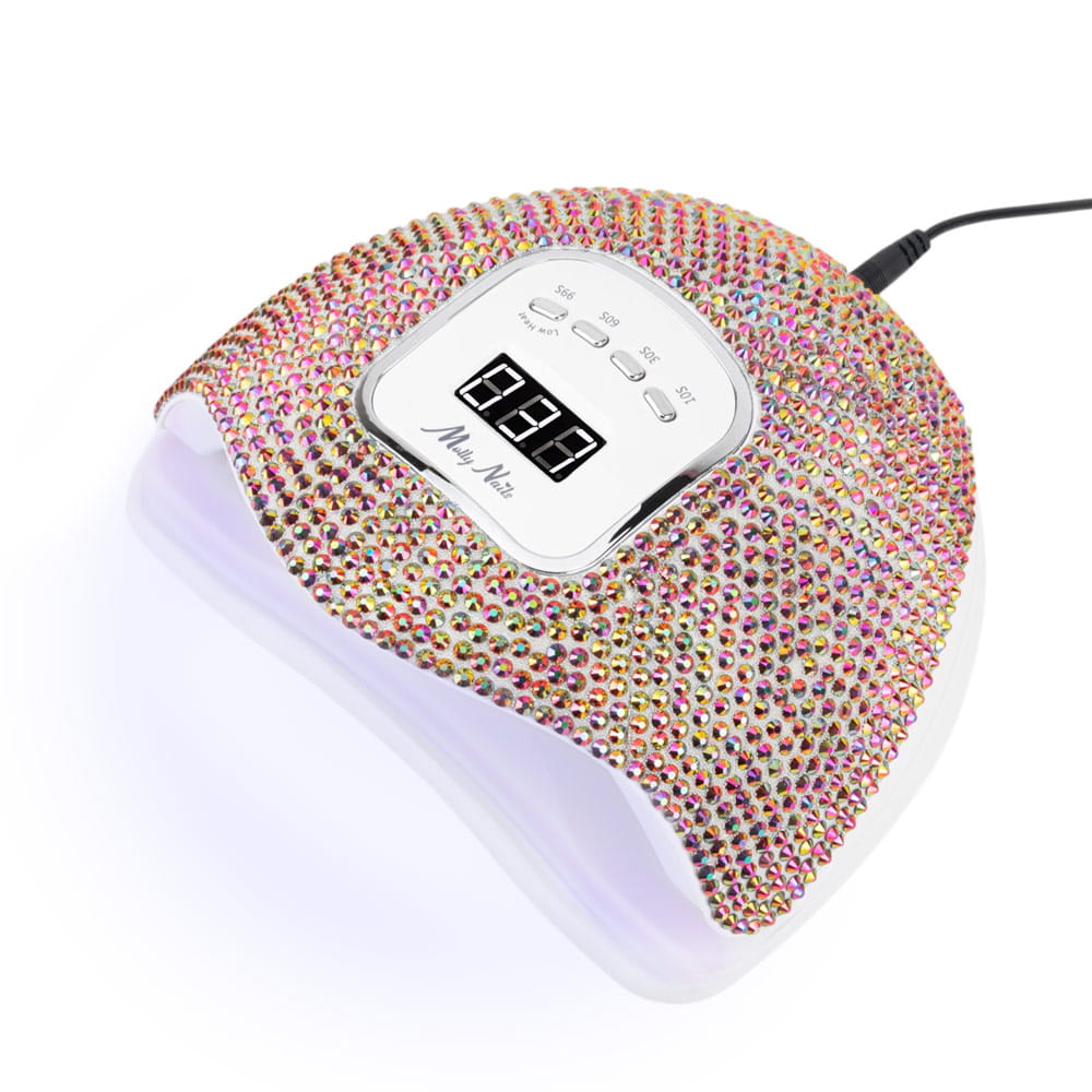 Lampa do paznokci LED/UV 150W Molly Nails do lakierów hybrydowych żeli i akrylożeli w cyrkonie crystal pink holo X5 MAX