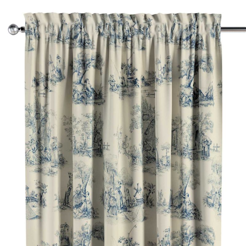 Zasłona na kanale z grzywką 1 szt. 130 x 245 cm Dekoria scenki rodzajowe w kolorze niebieskim na tle ecru 1 szt.