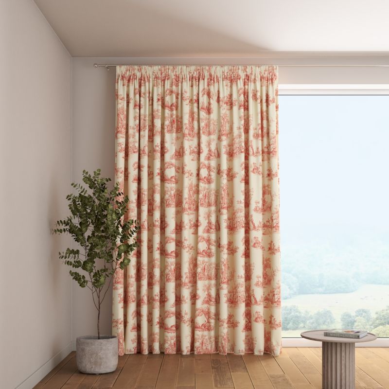 Zasłona na taśmie marszczącej 1 szt. 130 x 245 cm Dekoria scenki rodzajowe w kolorze czerwonym na tle ecru 1 szt.