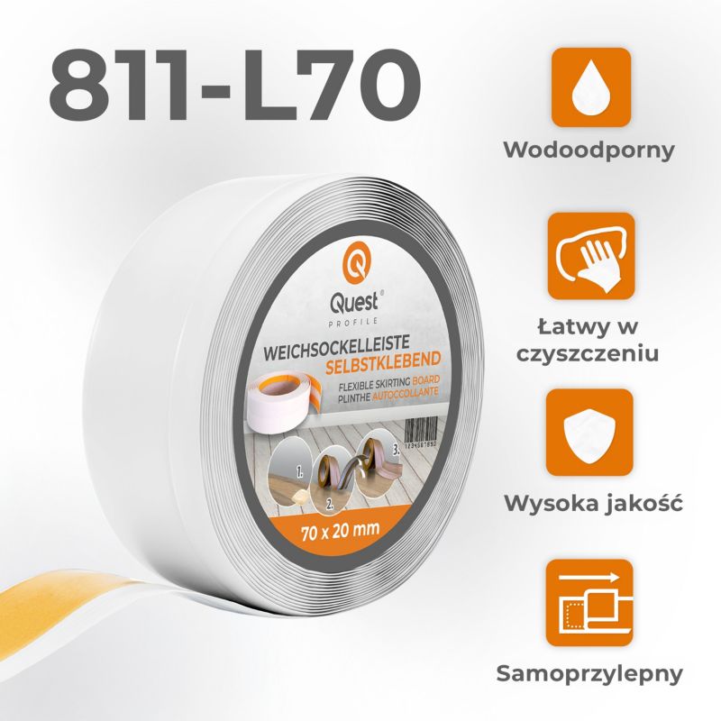 Listwa przypodłogowa PCV 70x20mm, QUEST, samoprzylepna elastyczna, miękka listwa podłogowa, cokołowa, biały, 15m