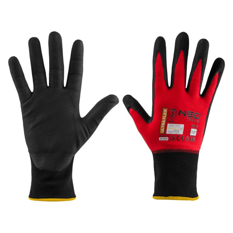 Rękawice robocze NEO TOOLS nylon oraz spandex z pokryciem polimerowo-nitrylowym rozm. 10 czarno-czerwone 1 para