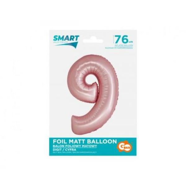 Balon foliowy Smart, Cyfra 9, j. różowa matowa, 76 cm