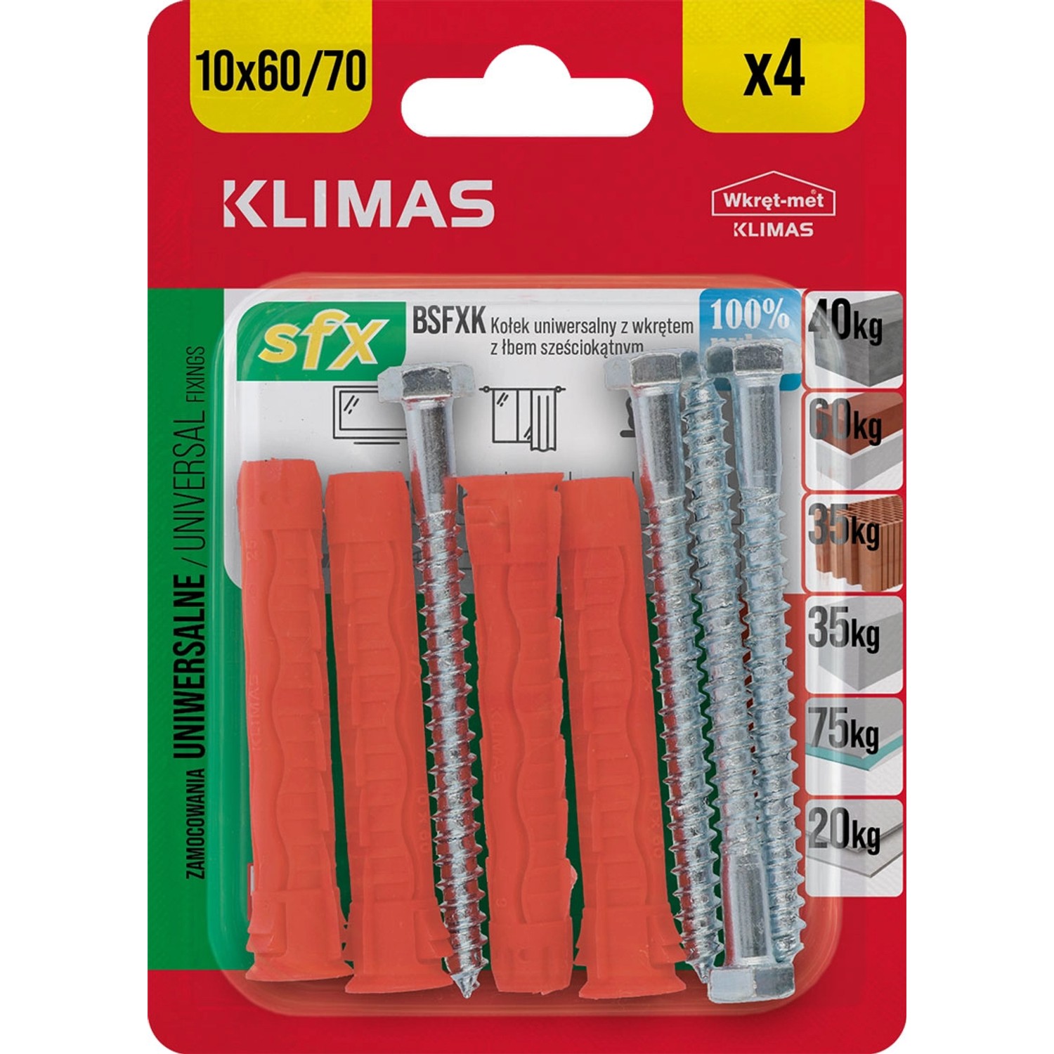 Wkręt-met Kołek SFX uniwersalny 10x60mm z łbem 6-kątnym 4szt