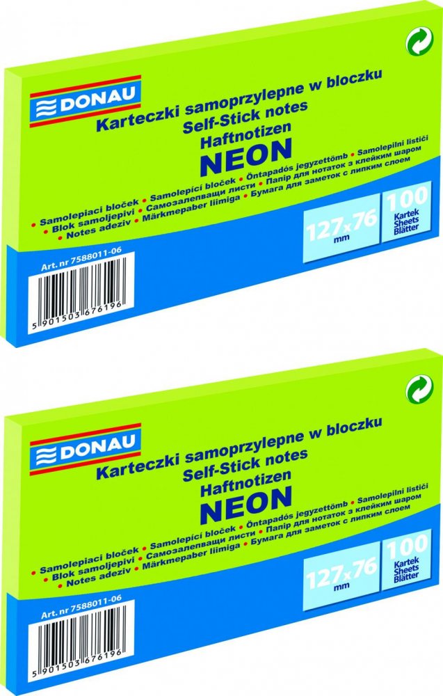 2x Notes samoprzylepny Donau 127x76mm, 100 karteczek, neonowy zielony