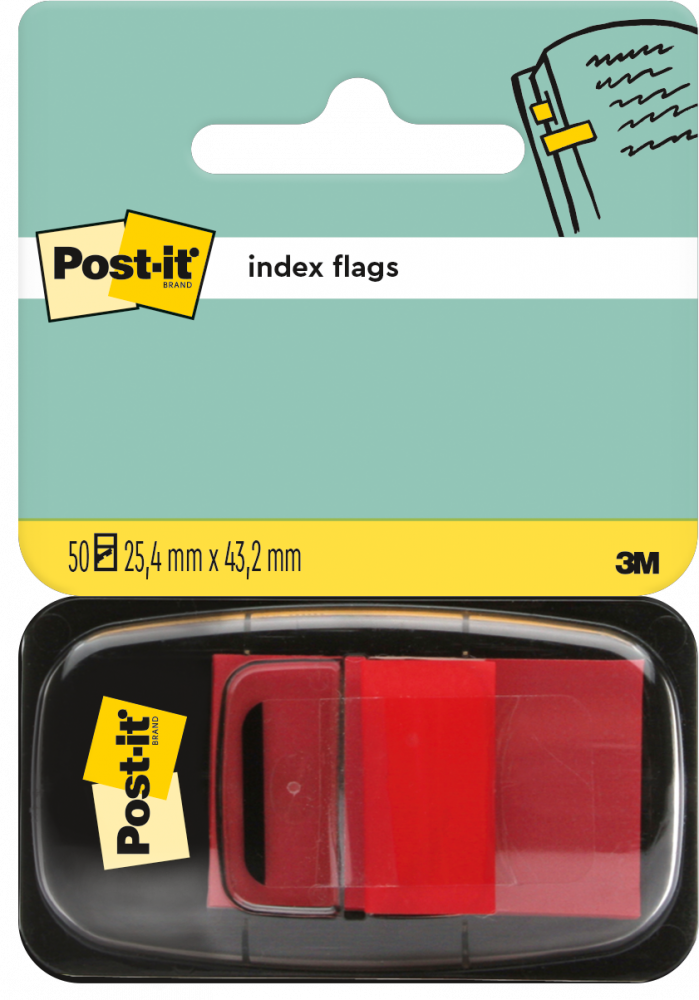 Zakładki samoprzylepne Post-it proste, indeksujące, folia, półtransparentne, 25x43mm, 1x50 sztuk, czerwony
