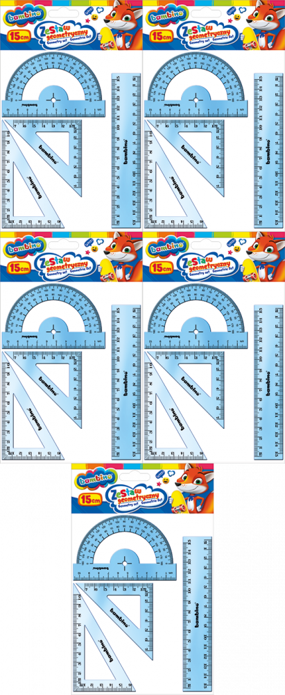 5x Zestaw geometryczny Bambino Zwierzaki Uczniaki, 4 elementy (w tym linijka 15cm), mix kolorów