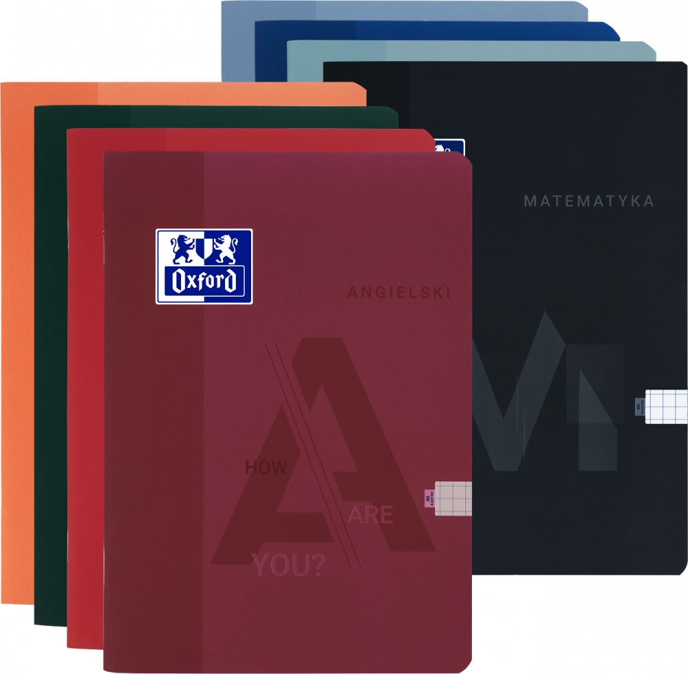 Zestaw: 8x Zeszyt przedmiotowy Oxford (J.Polski, J.Angielski, Biologia, Informatyka, Matematyka, Chemia, Historia, Geografia), A5, 60 kartek, mix