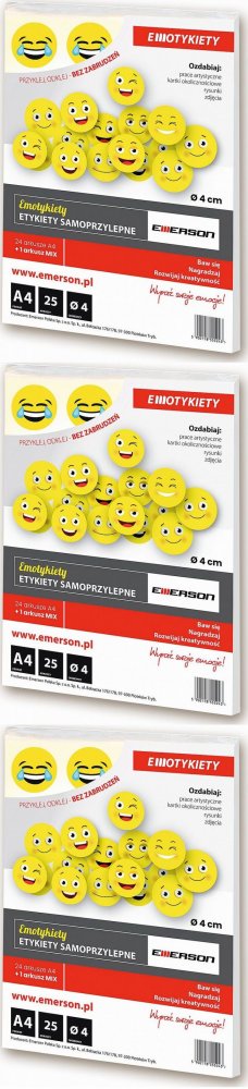 3x Etykiety buźki Emerson Emotykiety, średnica 40mm, 25 arkuszy, żółty