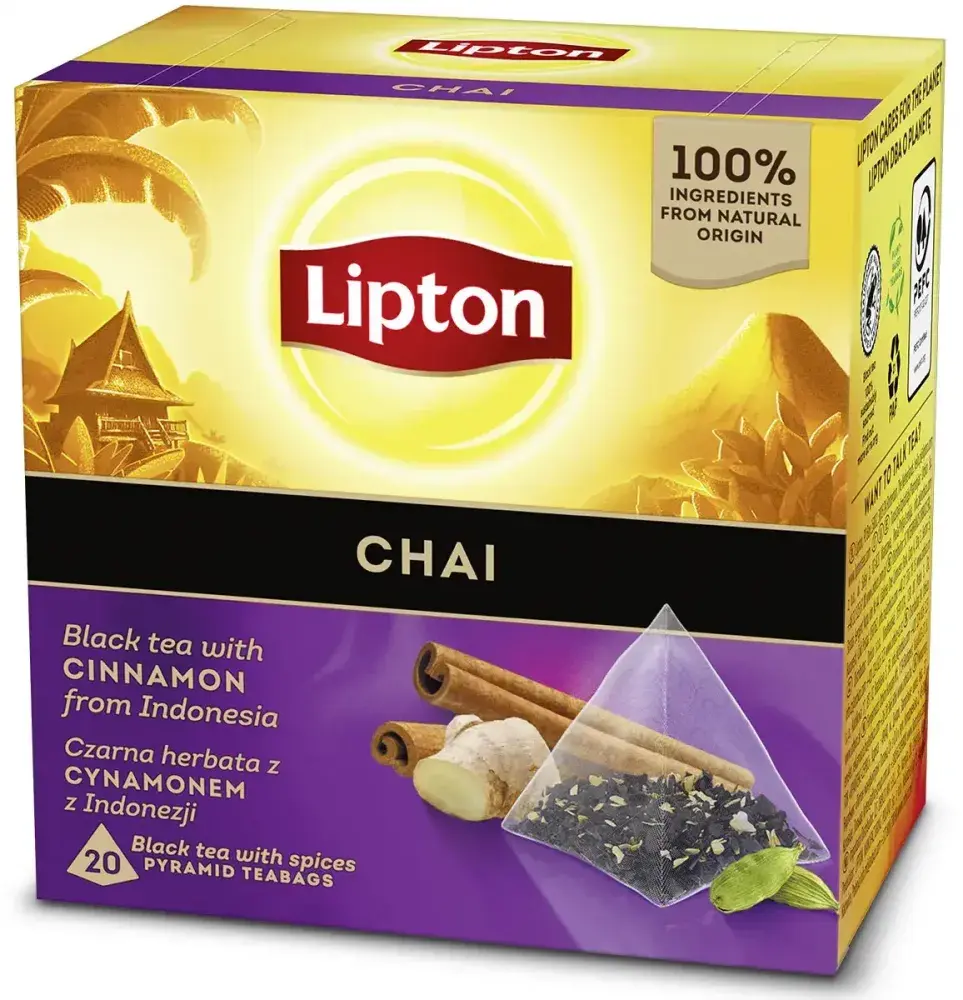 Outlet: USZKODZONE OPAKOWANIE Herbata czarna aromatyzowana w piramidkach Lipton Chai, z cynamonem, 20 sztuk x 1.7g