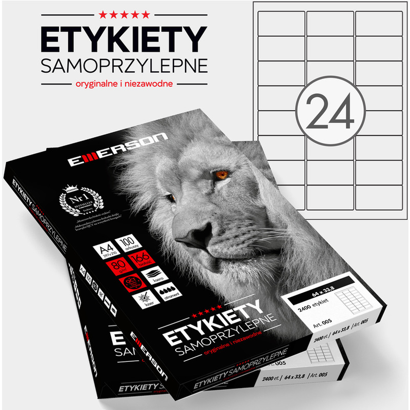 Etykiety samoprzylepne Emerson, 64x33.8mm, 100 arkuszy, biały