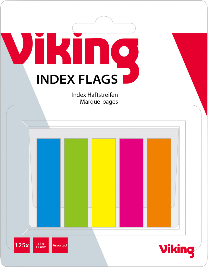 Zakładki samoprzylepne Viking proste, indeksujące, folia, transparentne, 45x12mm, 5x25 sztuk, mix kolorów