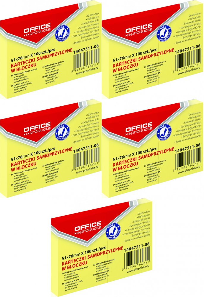 5x Karteczki samoprzylepne Office Products, 51x76mm, 100 karteczek, jasnożółty pasteowy