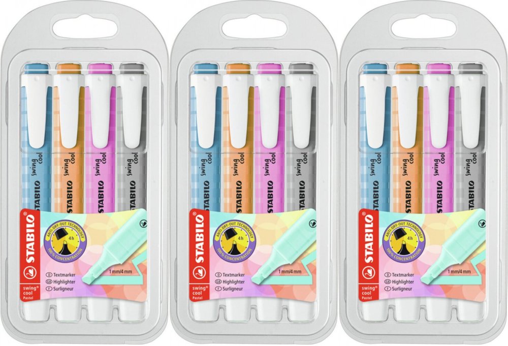 3x Zakreślacz Stabilo Swing Cool Pastel, ścięta, etui, 4 sztuki, mix kolorów pastelowych