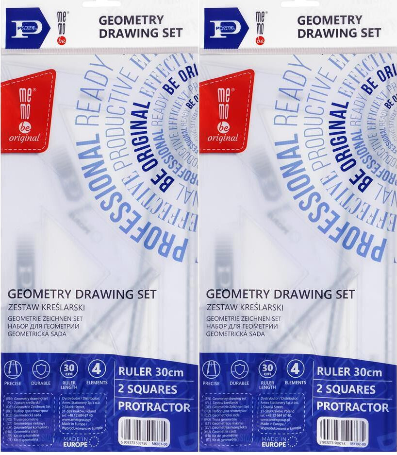 2x Zestaw kreślarski MemoBe z linijką 30cm, 4 elementy, transparentny