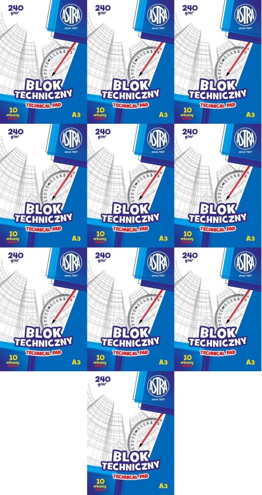 10x Blok techniczny Astra, A3, 240g, 10 kartek, biały