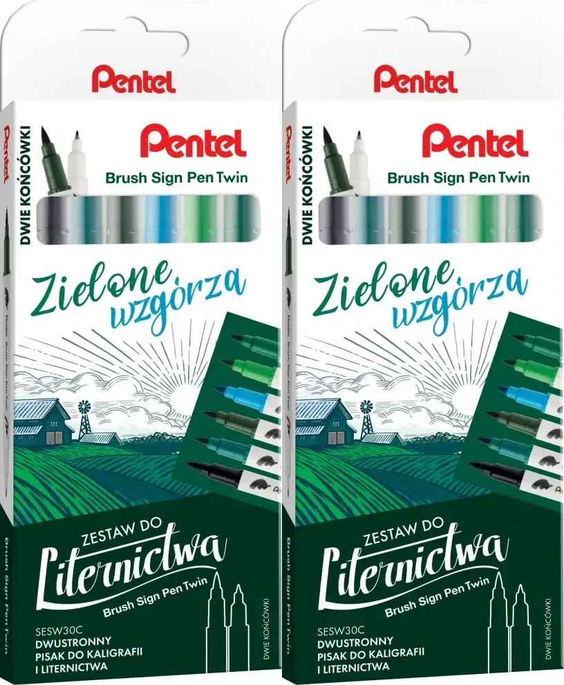 2x Pisaki do kaligrafii i liternictwa Pentel Brush Sign Pen Twin SESW30C Zielone Wzgórza, dwustronne, 6 sztuk, mix kolorów