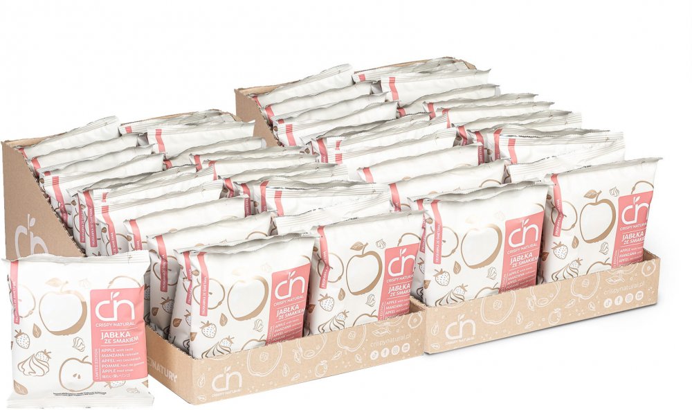 48x Suszone owoce Crispy Natural Jabłka ze smakiem, truskawki ze śmietaną, chipsy, 18g