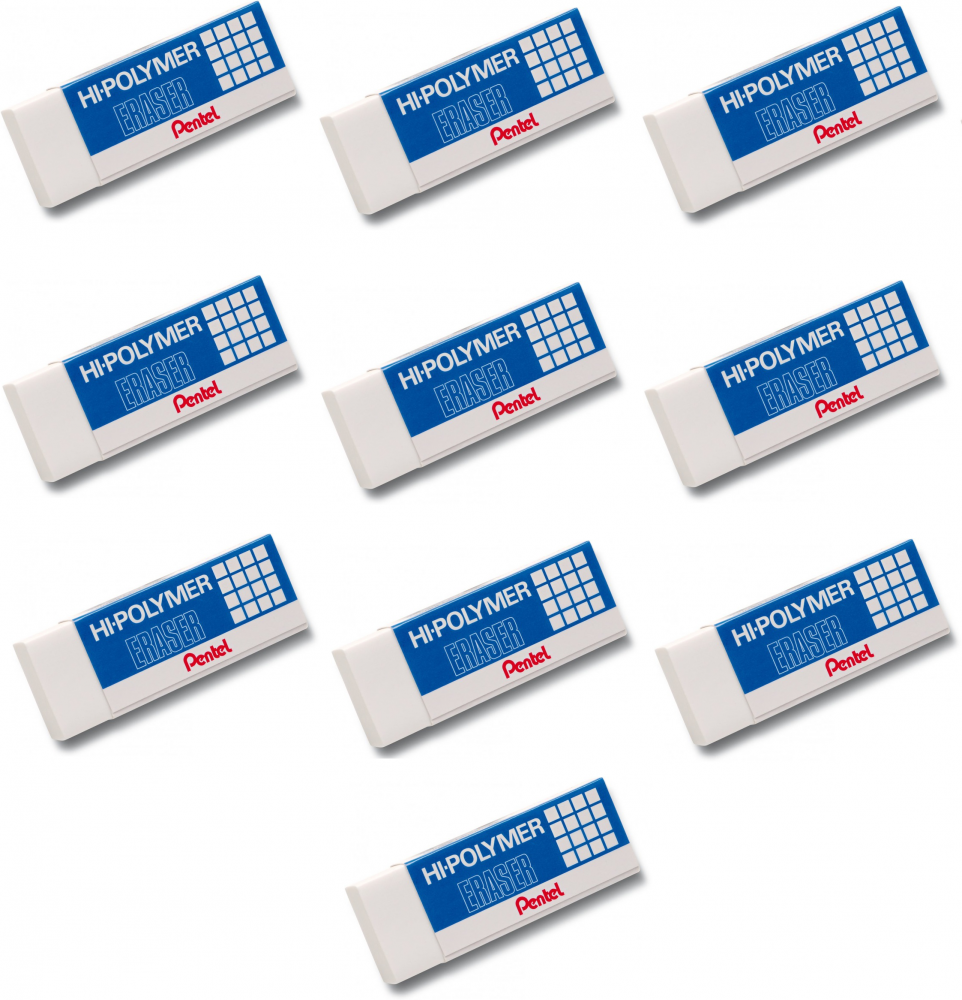 10x gumka ołówkowa Pentel ZEH Hi-Polymer, 35x16x11.5mm, biały