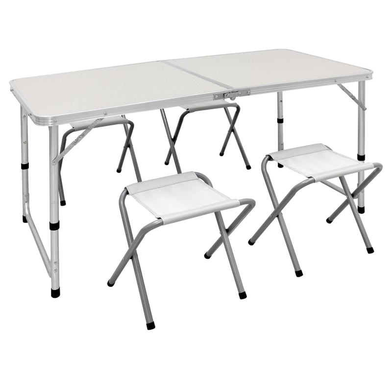 ECD Germany Zestaw mebli kempingowych z 4 stolkami - 120 x 60 x 55/63/70 cm - regulowana wysokosc - skladany - bialy / kremowy - wykonany z aluminium