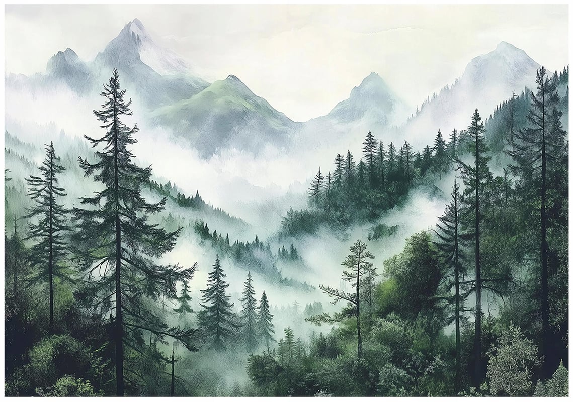Fototapeta Las we mgle Natura Góry 350x250 cm Tapeta Do Sypialni Salonu Kuchni Na Flizelinie