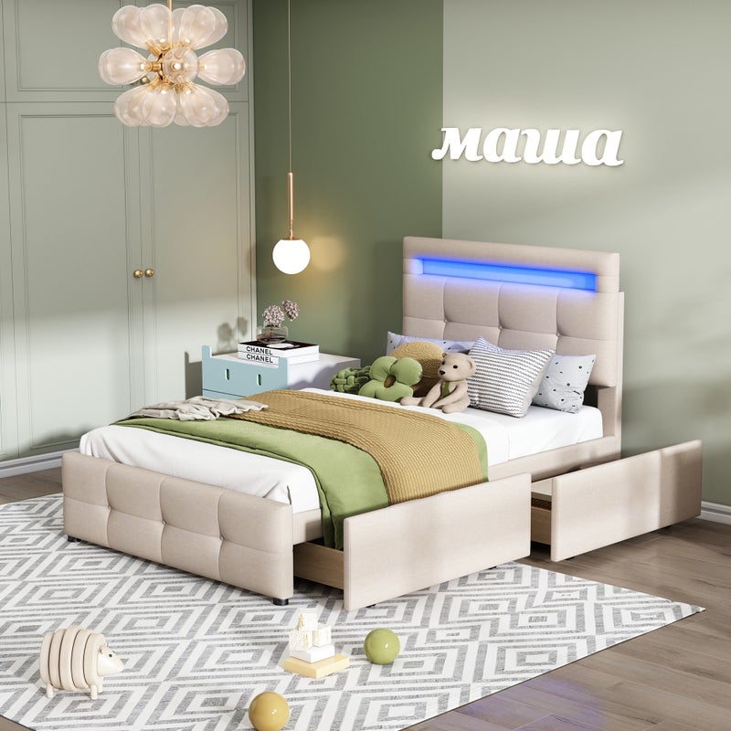 Łóżko tapicerowane 90*200cm z oświetleniem LED, 2 szuflady, łóżko dziecięce, łóżko młodzieżowe, łóżko gościnne (beżowe)