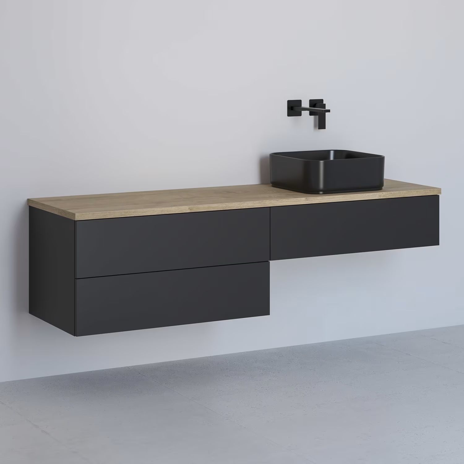 Kronenbach Cube szafka z blatem 161x48,7x44,5 cm podumywalkowa wisząca czarny mat-jasny dąb KBWTKOWTL1613SMGH