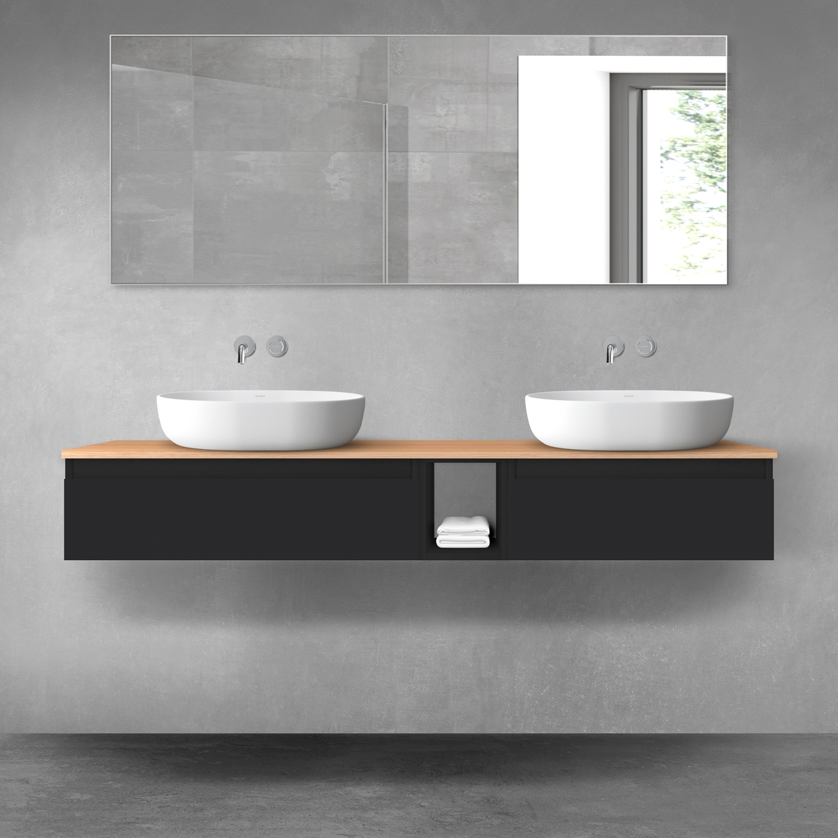 Oltens Vernal zestaw mebli łazienkowych 160 cm z blatem czarny mat/dąb 68654300 - Wysyłka w 24h