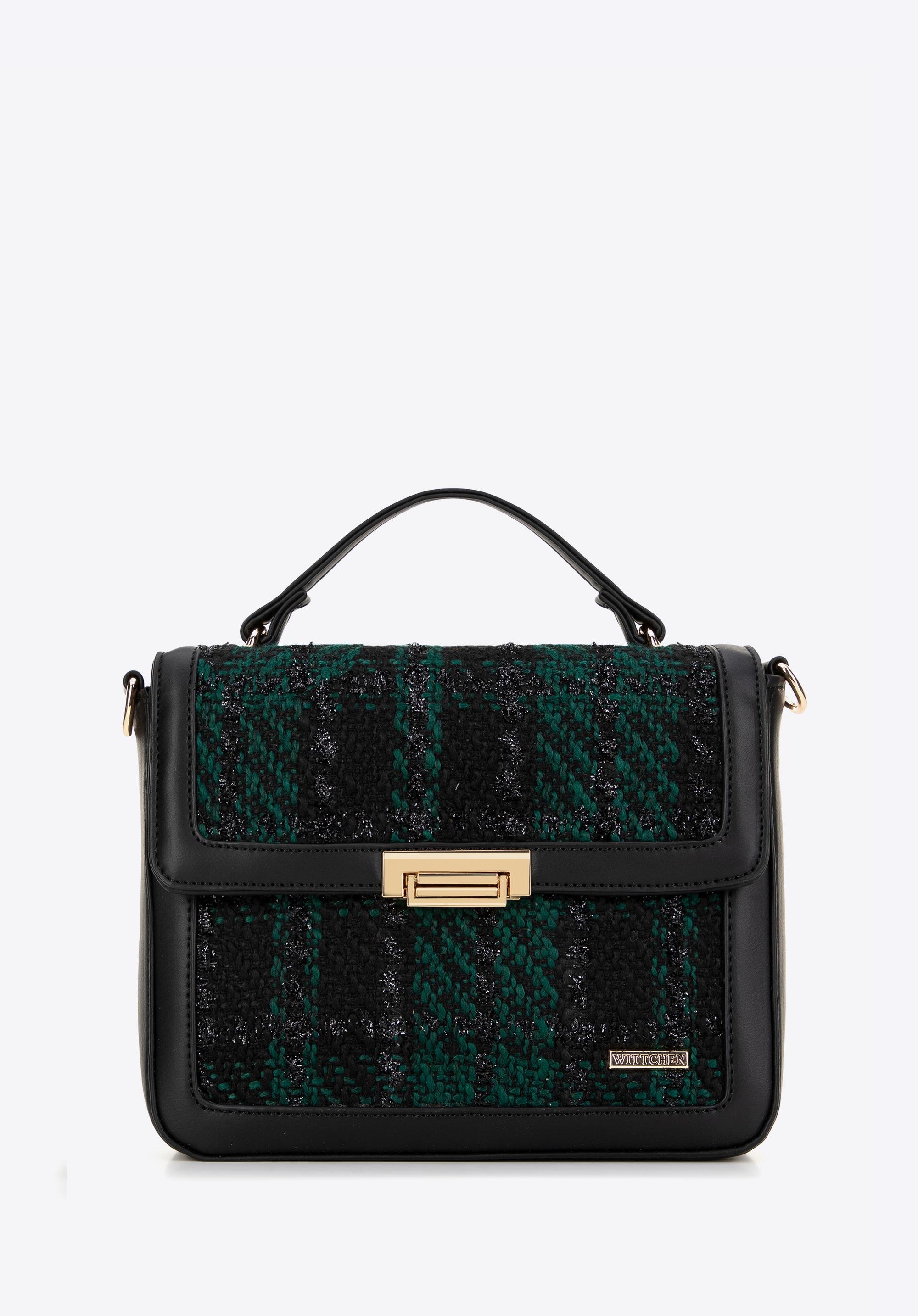 Damska torebka crossbody z tkaniny bouclé czarno - zielona