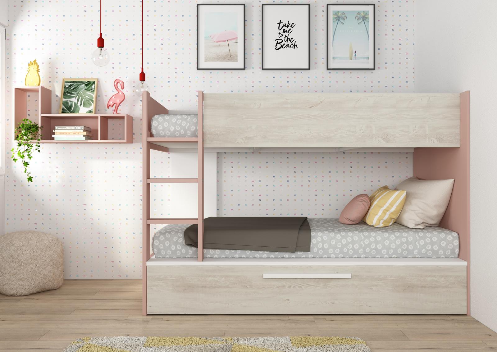 Łóżko piętrowe dla dzieci z dostawką - Cascina Antique pink