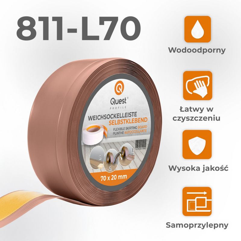 Listwa przypodłogowa PCV 70x20mm, QUEST, samoprzylepna elastyczna, miękka listwa podłogowa, cokołowa, jasnobrązowy, 10m
