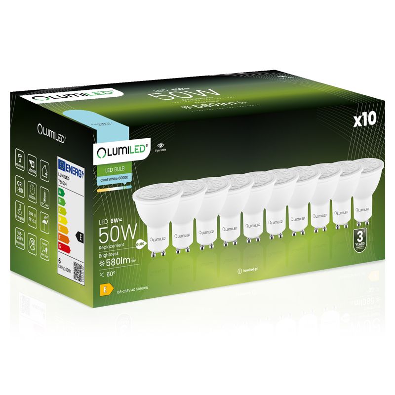 Żarówka LED LUMILED GU10 6W 580lm 6500K 24st 36st 60st 10 szt.