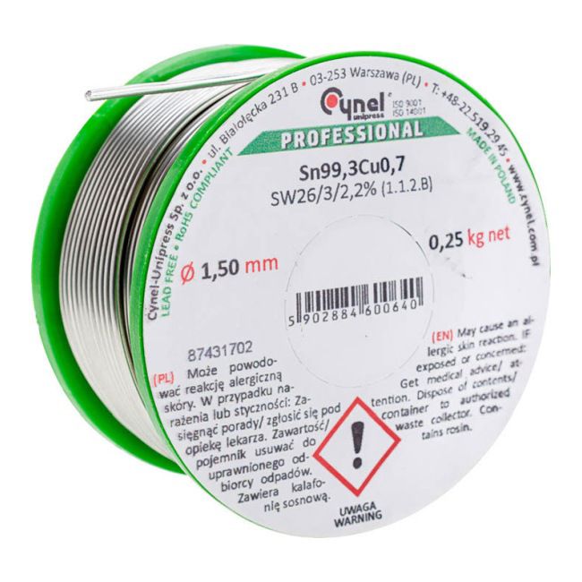 Spoiwo lutownicze bezołowiowe Cynel 1,5 mm 250 g
