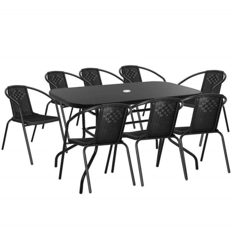 Zestaw ogrodowy Springos stół 140x70 cm i 8 metalowych krzeseł na taras, balkon czarny 1 kpl.