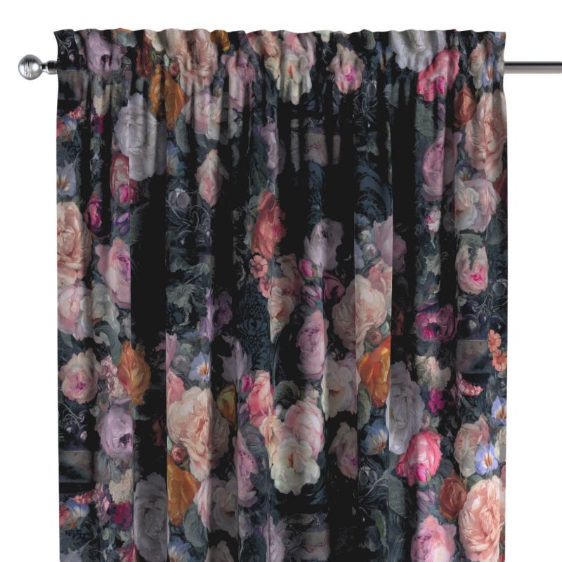 Zasłona na kanale z grzywką 1 szt. 130 x 245 cm Dekoria wielobarwne kwiaty na ciemnym tle 1 szt.
