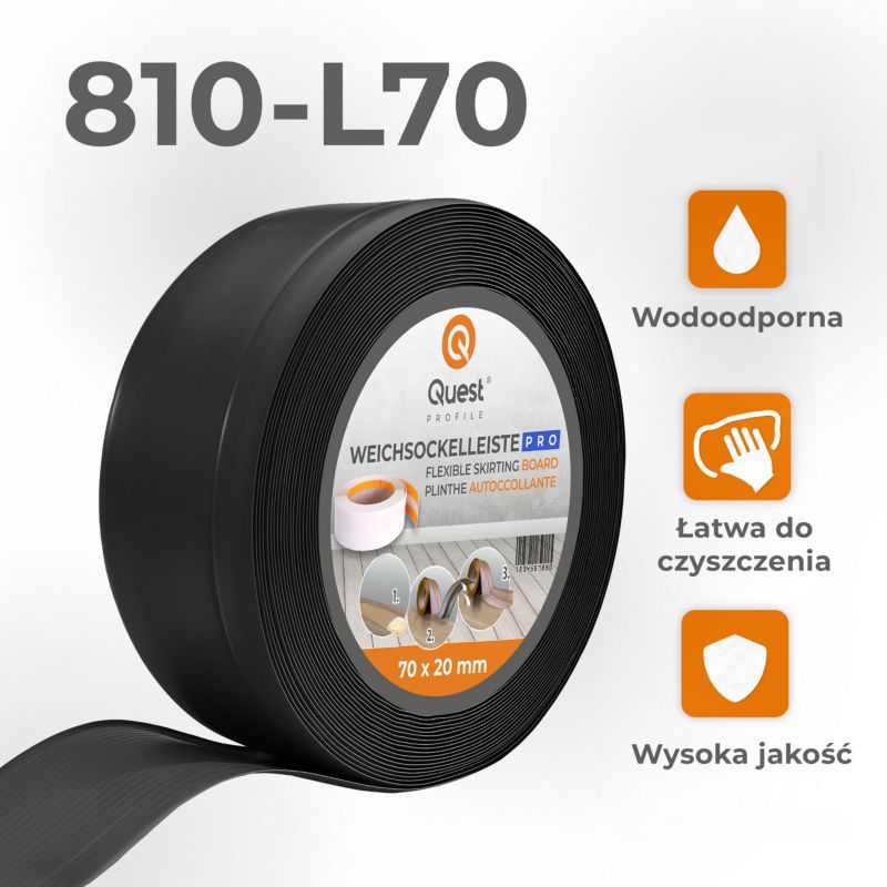 Listwa przypodłogowa PCV 70x20mm, QUEST, elastyczna, miękka listwa podłogowa, cokołowa, czarny, 25m