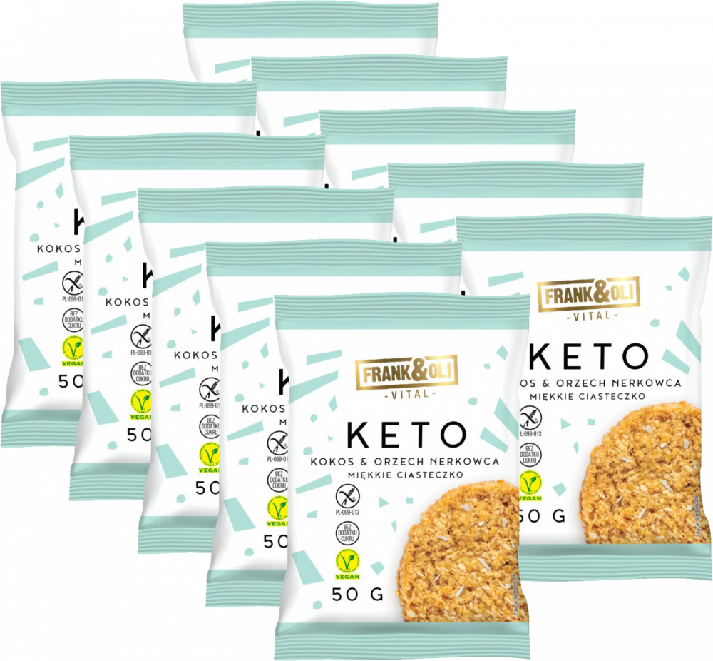 10x Miękkie ciasteczko Keto Frank&Oli, kokos + orzech nerkowca, bez cukru, 50g